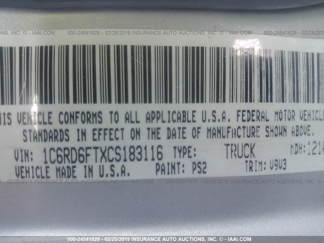 1C6RD6FTXCS183116 - 2012 DODGE RAM 1500 ST SILVER photo 9