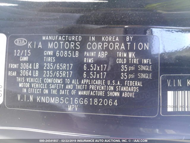 KNDMB5C16G6182064 - 2016 KIA SEDONA LX BLACK photo 9