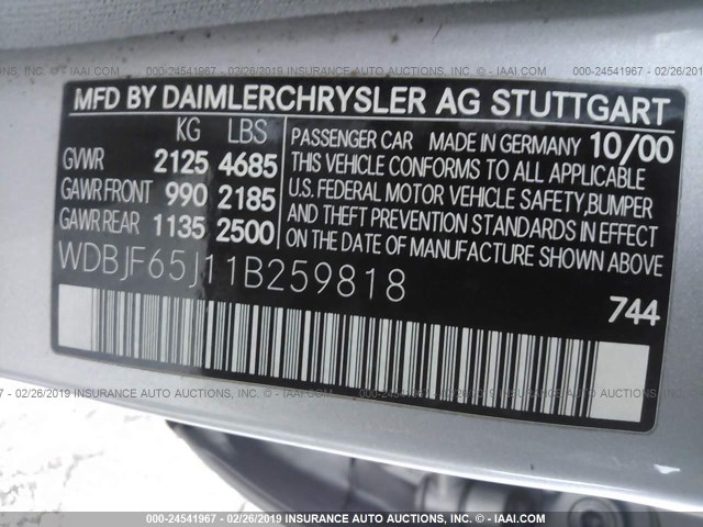 WDBJF65J11B259818 - 2001 MERCEDES-BENZ E 320 SILVER photo 9