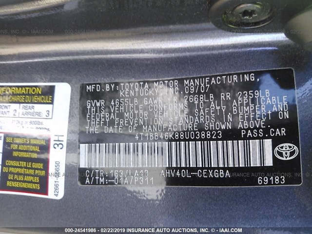 4T1BB46K88U038823 - 2008 TOYOTA CAMRY HYBRID GRAY photo 9