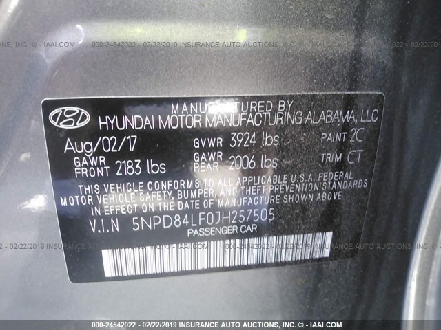 5NPD84LF0JH257505 - 2018 HYUNDAI ELANTRA SEL/VALUE/LIMITED GRAY photo 9