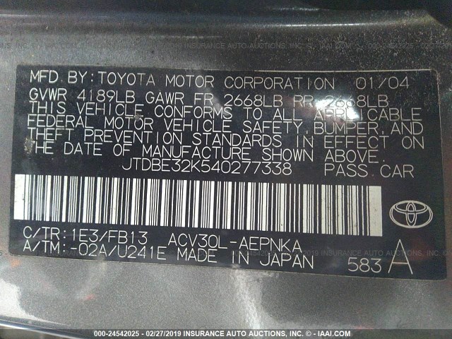 JTDBE32K540277338 - 2004 TOYOTA CAMRY LE/XLE Сұр фото 9