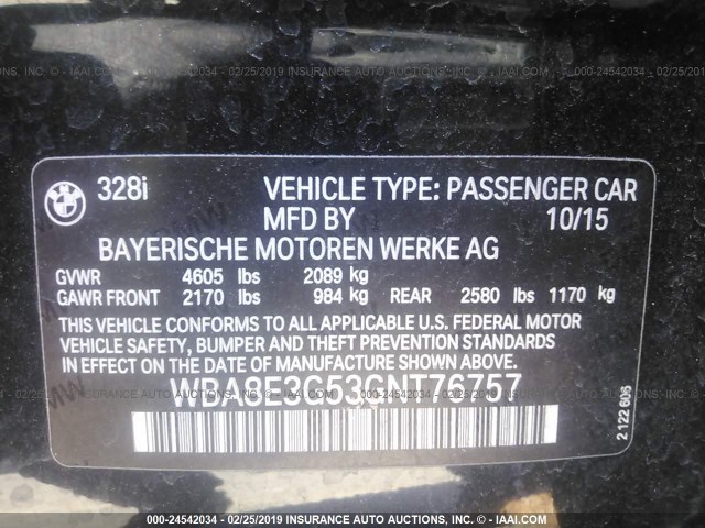 WBA8E3G53GNT76757 - 2016 BMW 328 XI SULEV BLACK photo 9