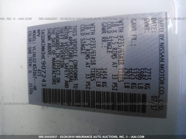 5N1DR2MN3HC907243 - 2017 NISSAN PATHFINDER S/SV/SL/PLATINUM WHITE photo 9