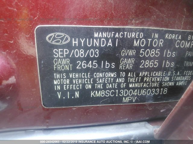 KM8SC13D04U603318 - 2004 HYUNDAI SANTA FE GLS/LX BURGUNDY photo 9