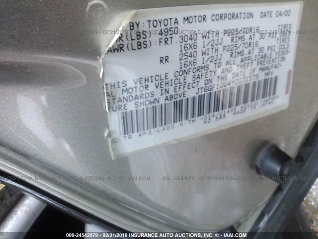 JT6GF10U4Y0071579 - 2000 LEXUS RX 300 GOLD photo 9