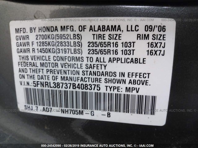 5FNRL38737B408375 - 2007 HONDA ODYSSEY EXL GRAY photo 9