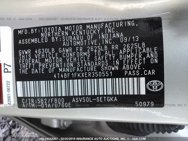 4T4BF1FKXER350551 - 2014 TOYOTA CAMRY L/SE/LE/XLE 棕色 照片 9