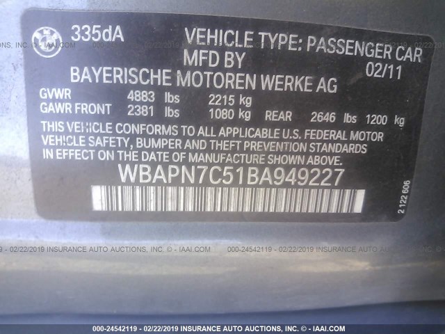 WBAPN7C51BA949227 - 2011 BMW 335 D GRAY photo 9