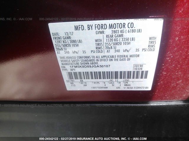 1FM5K8D89JGA50107 - 2018 FORD EXPLORER XLT RED photo 9