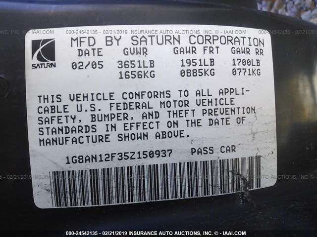 1G8AN12F35Z150937 - 2005 SATURN ION LEVEL 2 BLUE photo 9