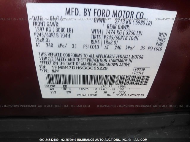 1FM5K7DH6GGC05229 - 2016 FORD EXPLORER XLT RED photo 9