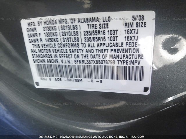 5FNRL387X8B078798 - 2008 HONDA ODYSSEY EXL GRAY photo 9