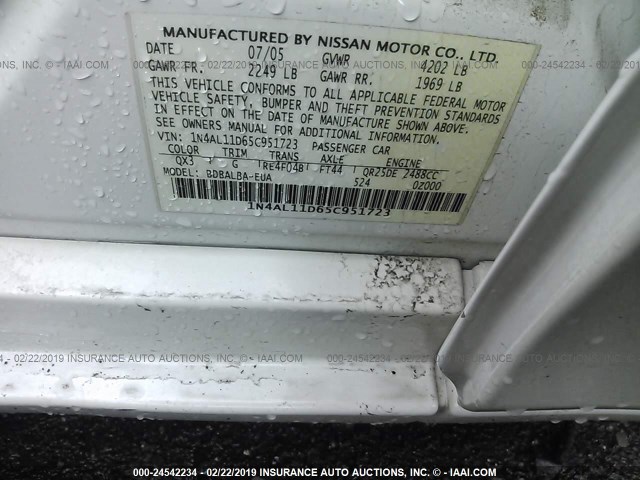 1N4AL11D65C951723 - 2005 NISSAN ALTIMA S/SL WHITE photo 9