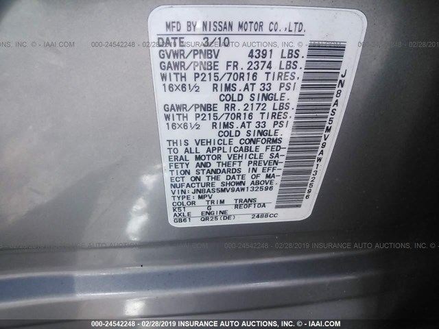 JN8AS5MV9AW132596 - 2010 NISSAN ROGUE S/SL/KROM SILVER photo 9