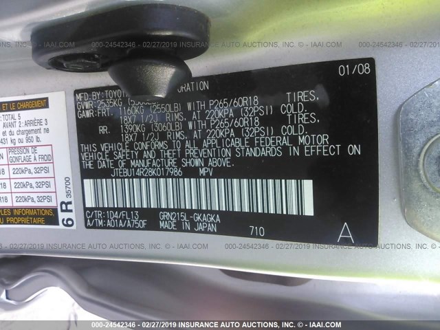 JTEBU14R28K017986 - 2008 TOYOTA 4RUNNER SR5/SPORT SILVER photo 9