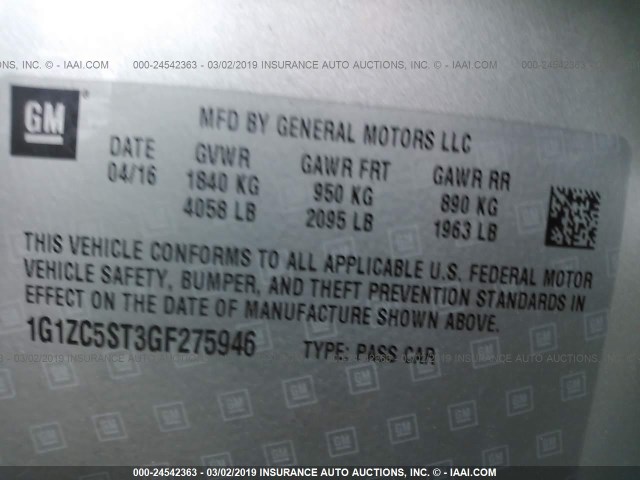 1G1ZC5ST3GF275946 - 2016 CHEVROLET MALIBU LS SILVER photo 9