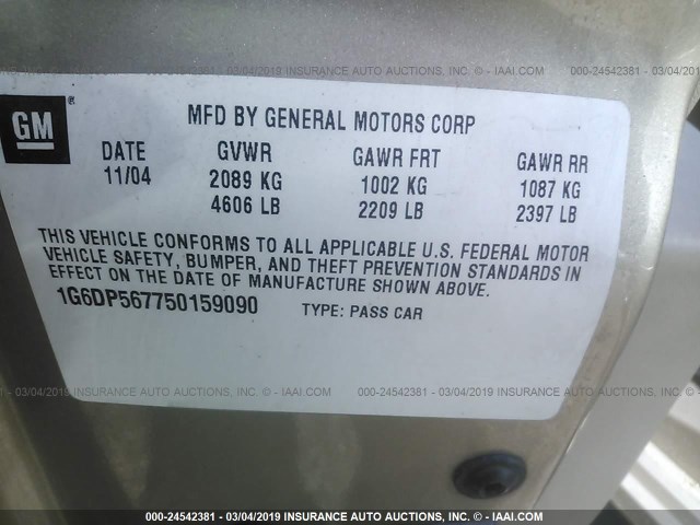 1G6DP567750159090 - 2005 CADILLAC CTS HI FEATURE V6 GOLD photo 9