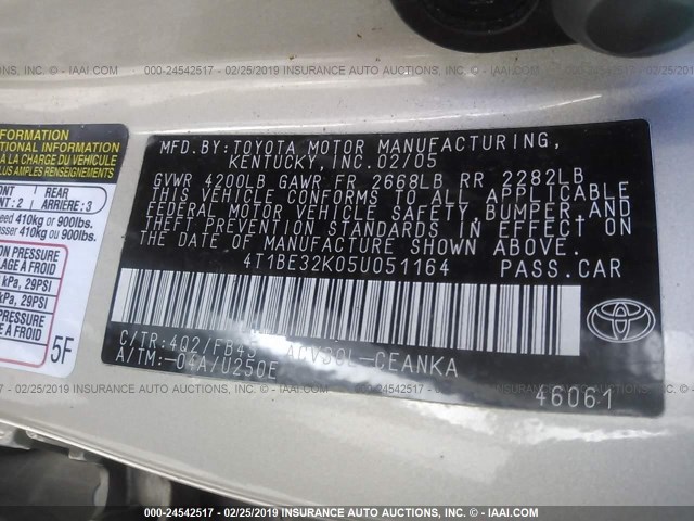 4T1BE32K05U051164 - 2005 TOYOTA CAMRY LE/XLE/SE GOLD photo 9