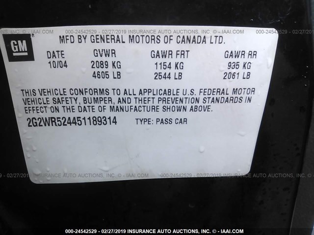 2G2WR524451189314 - 2005 PONTIAC GRAND PRIX GTP BLACK photo 9