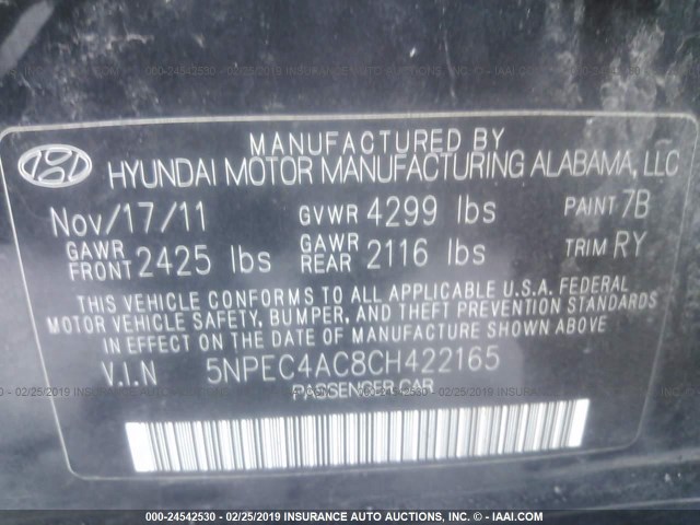 5NPEC4AC8CH422165 - 2012 HYUNDAI SONATA SE/LIMITED BLACK photo 9