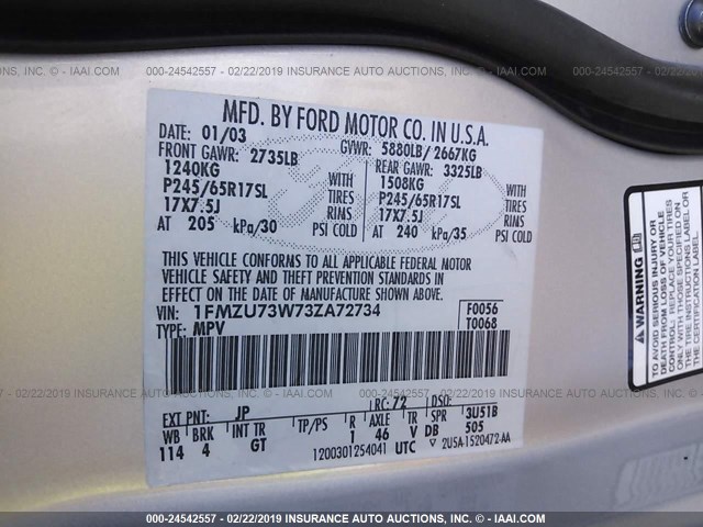 1FMZU73W73ZA72734 - 2003 FORD EXPLORER XLT/XLT SPORT/NBX SILVER photo 9