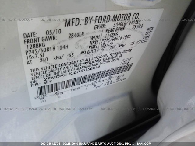 2FMDK3JC5ABB56214 - 2010 FORD EDGE SEL WHITE photo 9