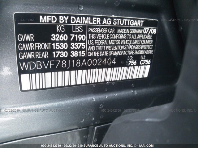 WDBVF78J18A002404 - 2008 MAYBACH MAYBACH 57 GRAY photo 9