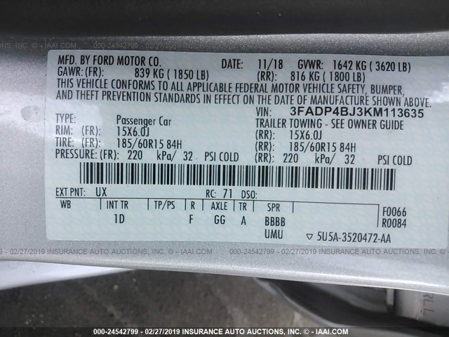 3FADP4BJ3KM113635 - 2019 FORD 4 DOOR SE SILVER photo 9