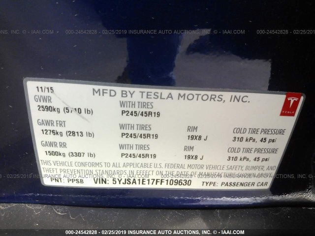 5YJSA1E17FF109630 - 2015 TESLA MODEL S BLUE photo 9