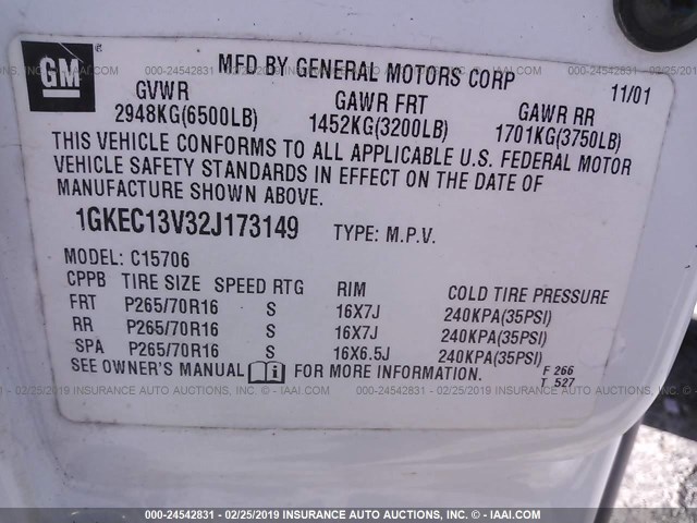 1GKEC13V32J173149 - 2002 GMC YUKON WHITE photo 9