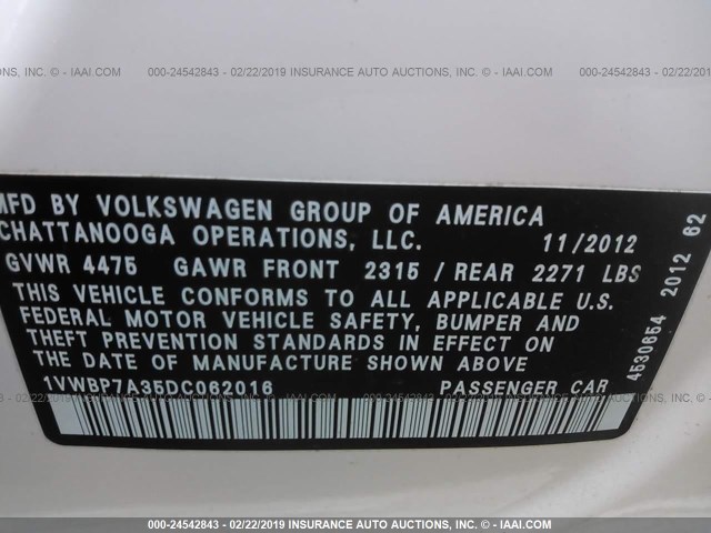 1VWBP7A35DC062016 - 2013 VOLKSWAGEN PASSAT SE WHITE photo 9