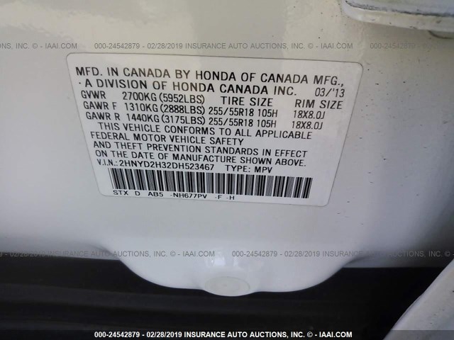 2HNYD2H32DH523467 - 2013 ACURA MDX TECHNOLOGY WHITE photo 9