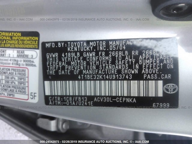 4T1BE32K14U913743 - 2004 TOYOTA CAMRY LE/XLE/SE SILVER photo 9