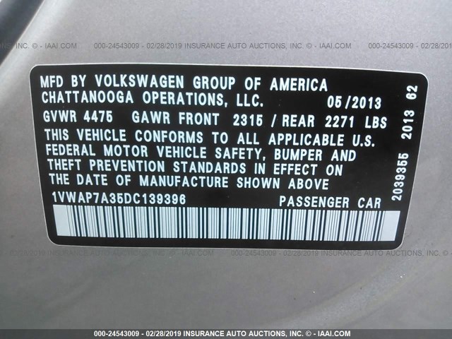 1VWAP7A35DC139396 - 2013 VOLKSWAGEN PASSAT S SILVER photo 9