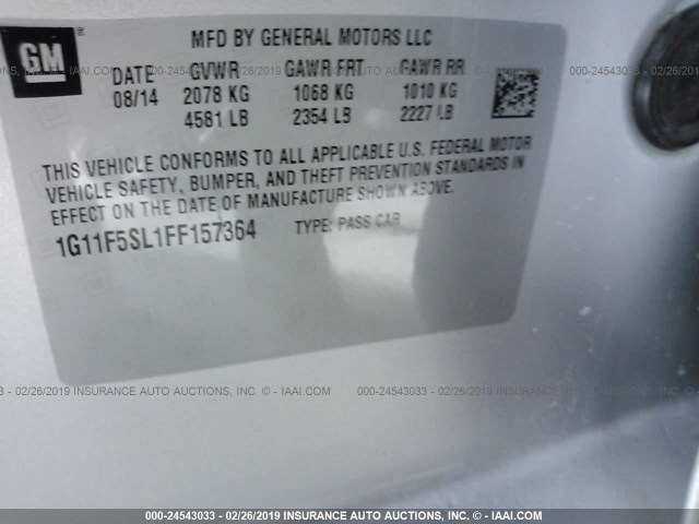 1G11F5SL1FF157364 - 2015 CHEVROLET MALIBU LTZ SILVER photo 9