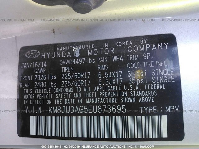 KM8JU3AG5EU873695 - 2014 HYUNDAI Tucson GLS/LIMITED/SE SILVER photo 9