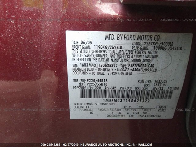 1MEFM43115G625322 - 2005 MERCURY MONTEGO PREMIER MAROON photo 9