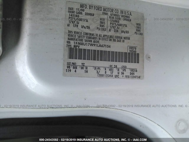 1FMRU17W91LA67154 - 2001 FORD EXPEDITION EDDIE BAUER WHITE photo 9