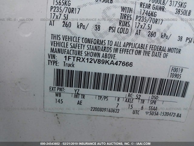 1FTRX12V89KA47666 - 2009 FORD F150 SUPER CAB WHITE photo 9