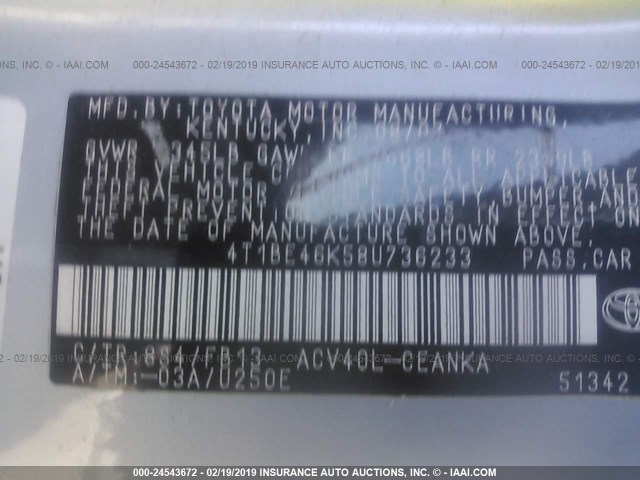 4T1BE46K58U736233 - 2008 TOYOTA CAMRY CE/LE/XLE/SE Light Blue photo 9