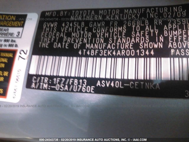 4T4BF3EK4AR001344 - 2010 TOYOTA CAMRY SE/LE/XLE 银色 照片 9