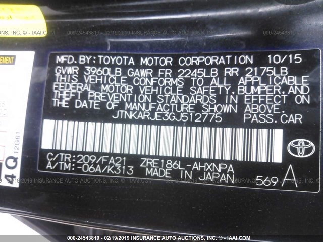 JTNKARJE3GJ512775 - 2016 TOYOTA SCION IM BLACK photo 9