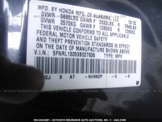 5FNRL18053B027936 - 2003 HONDA ODYSSEY EXL GRAY photo 9