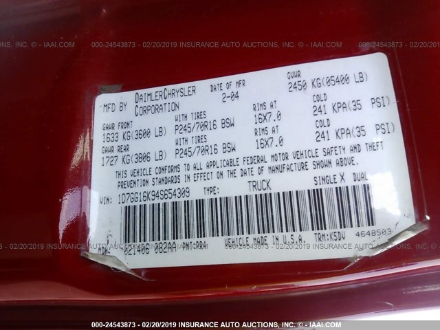 1D7GG16K94S654309 - 2004 DODGE DAKOTA SXT RED photo 9