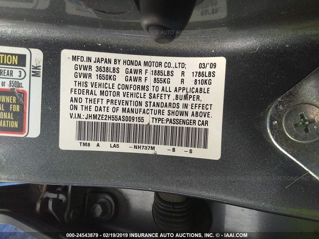 JHMZE2H55AS009155 - 2010 HONDA INSIGHT LX GRAY photo 9