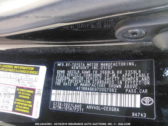 4T1BB46K97U007062 - 2007 TOYOTA CAMRY NEW GENERAT HYBRID BLACK photo 9