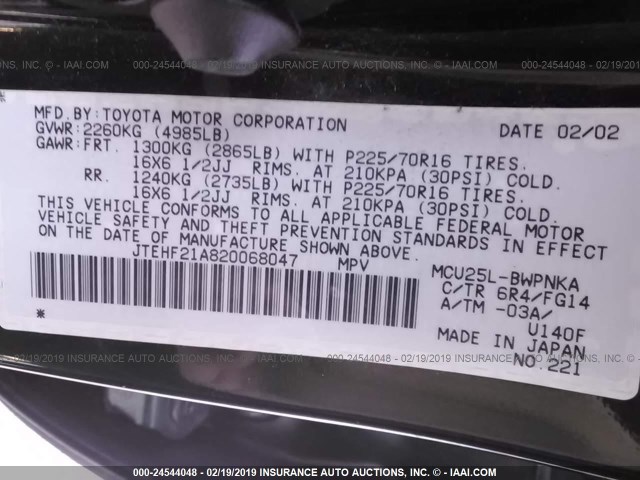 JTEHF21A820068047 - 2002 TOYOTA HIGHLANDER LIMITED GREEN photo 9