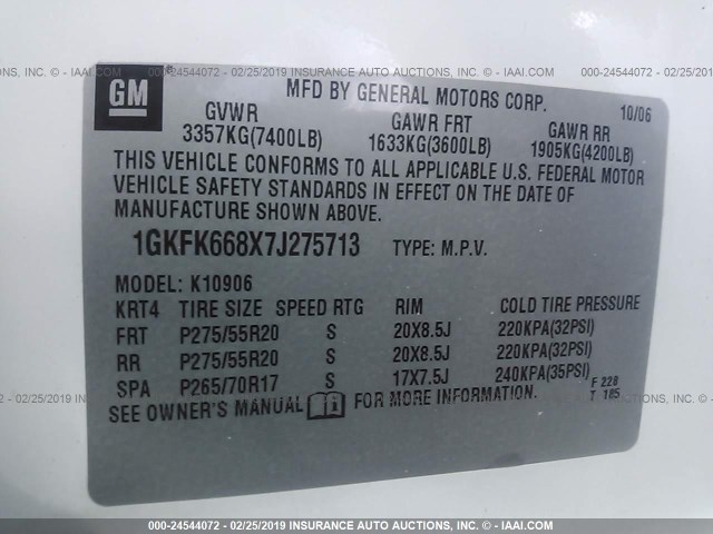 1GKFK668X7J275713 - 2007 GMC YUKON XL DENALI WHITE photo 9