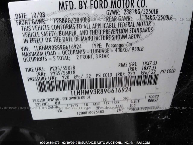 1LNHM93R89G616924 - 2009 LINCOLN MKS BLACK photo 9
